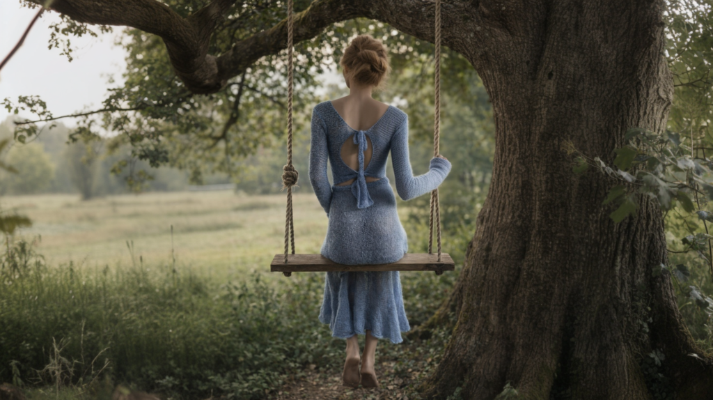 lenafelice a woman in a blue wool dress sitting on a wooden s 3073b4c4 2b65 4a2f 888b aac9edac3541 3
