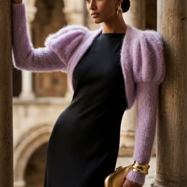 lilac mohair bolero – puff sleeve sheer knit shrug