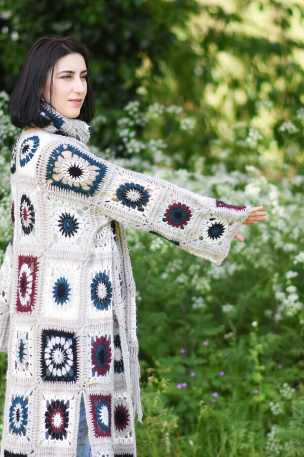 crochet granny square longline cardigan with scarf