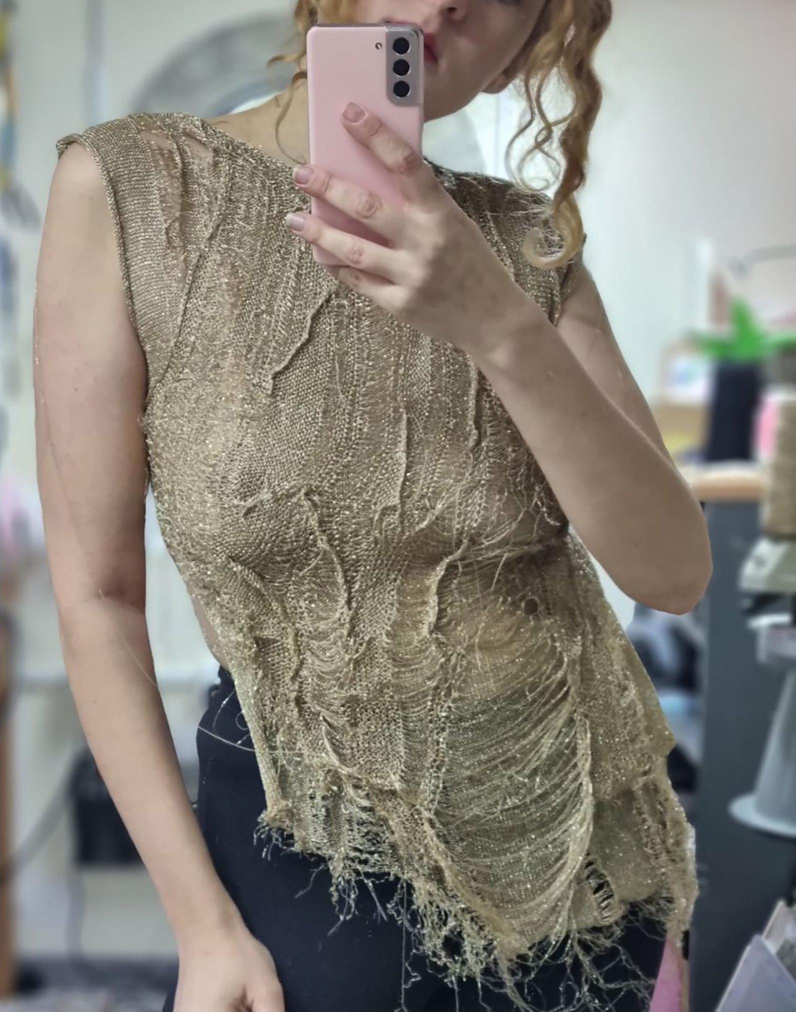 distressed spider net top in gold distressed spider net top in gold