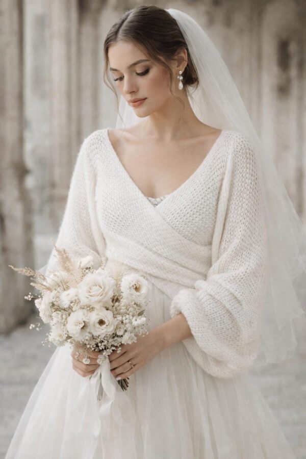 mohair silk bridal wrap sweater with balloon sleeves