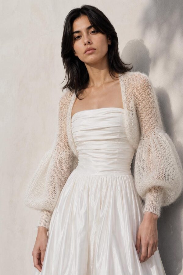 ivory mohair bridal bolero with puff sleeves