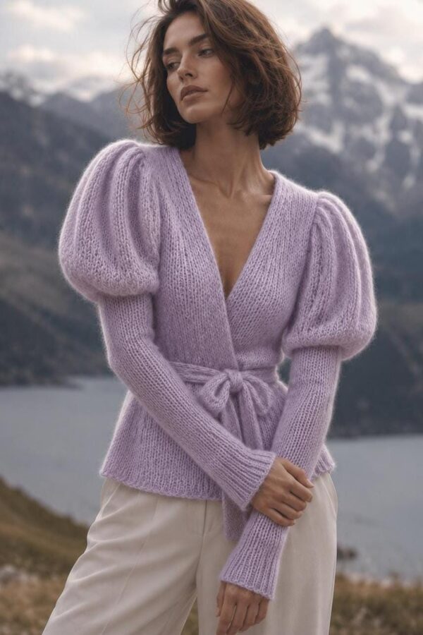 Home alpaca mohair wrap sweater with puff sleeves