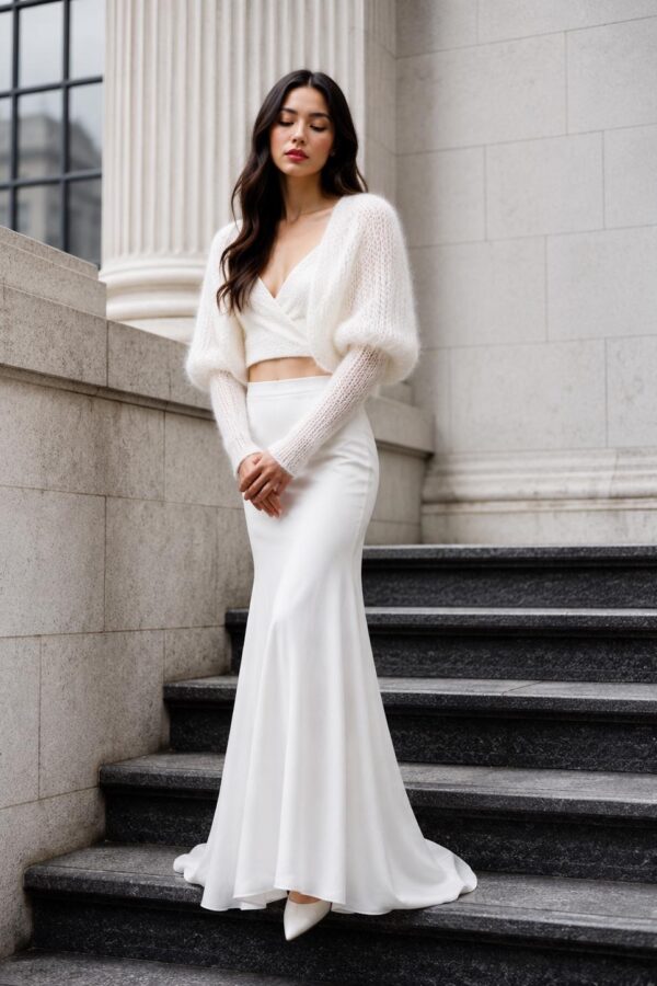ivory mohair bridal cardigan with balloon sleeves