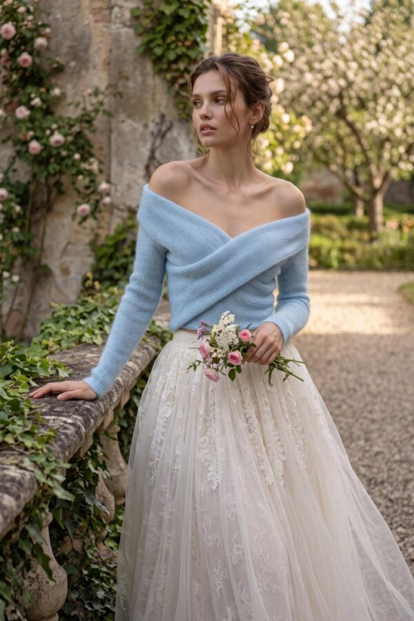 light blue mohair off shoulder wrap sweater