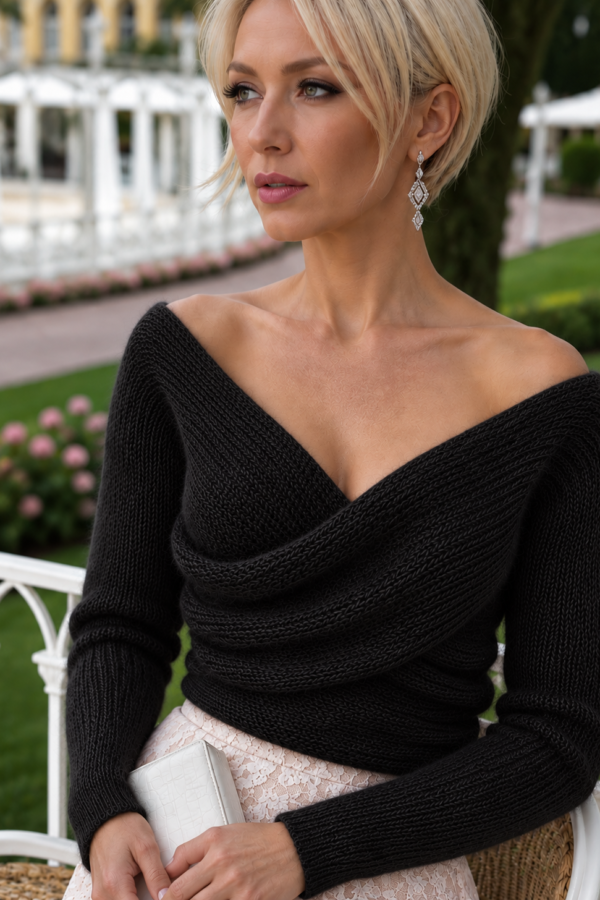 Home black mohair off shoulder wrap sweater