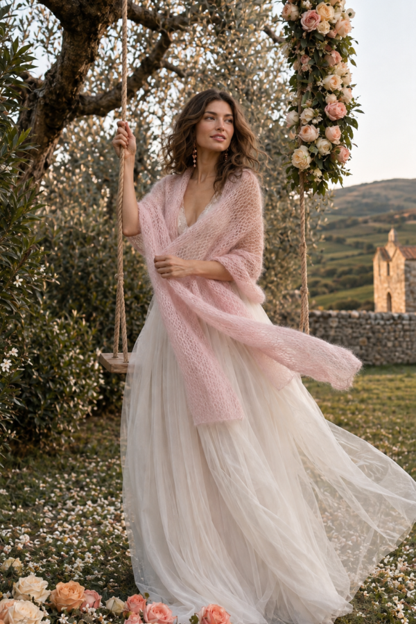 Home blush pink alpaca mohair bridal shawl